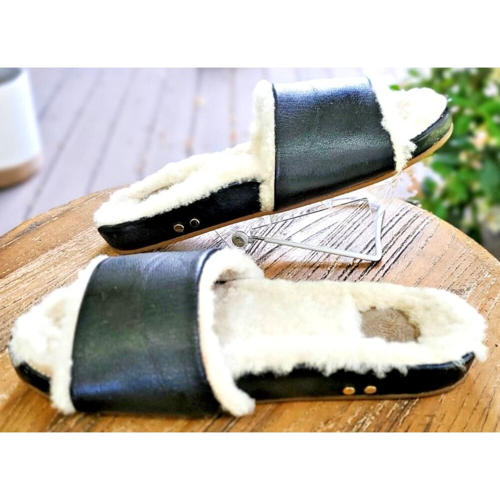 Beek Leather Slides Size 7 Gallito Mas Shearling Black Sandals Slippers Cozy Fur